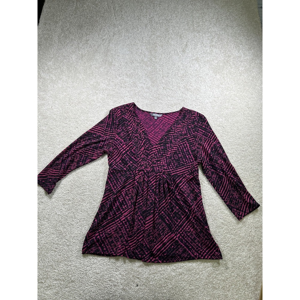 Daisy Fuentes‎ Shirt Womens Large Abstract Stretch V Neck 3/4 Sleeve Top Blouse